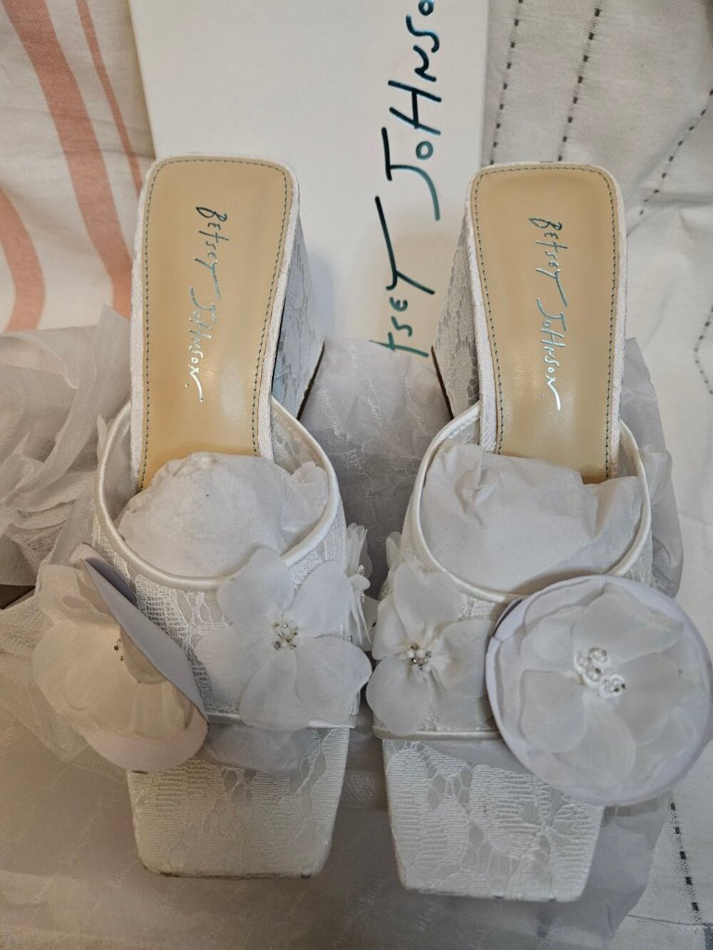 Betsey Johnson Heath Ivory Lace Floral Mule Heels Size 9.5 NIB